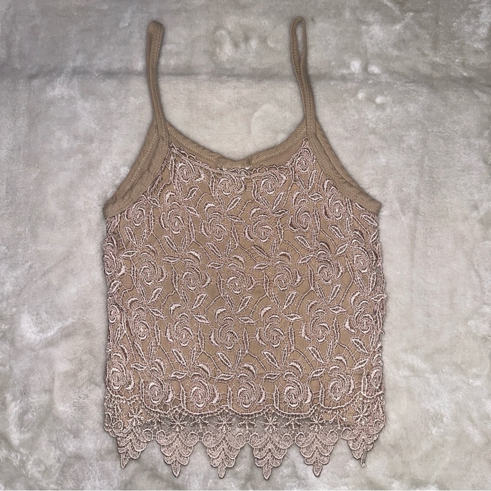 Vintage Maxima Nude Lace Crochet Ribbed Boho Tank Top Size Medium